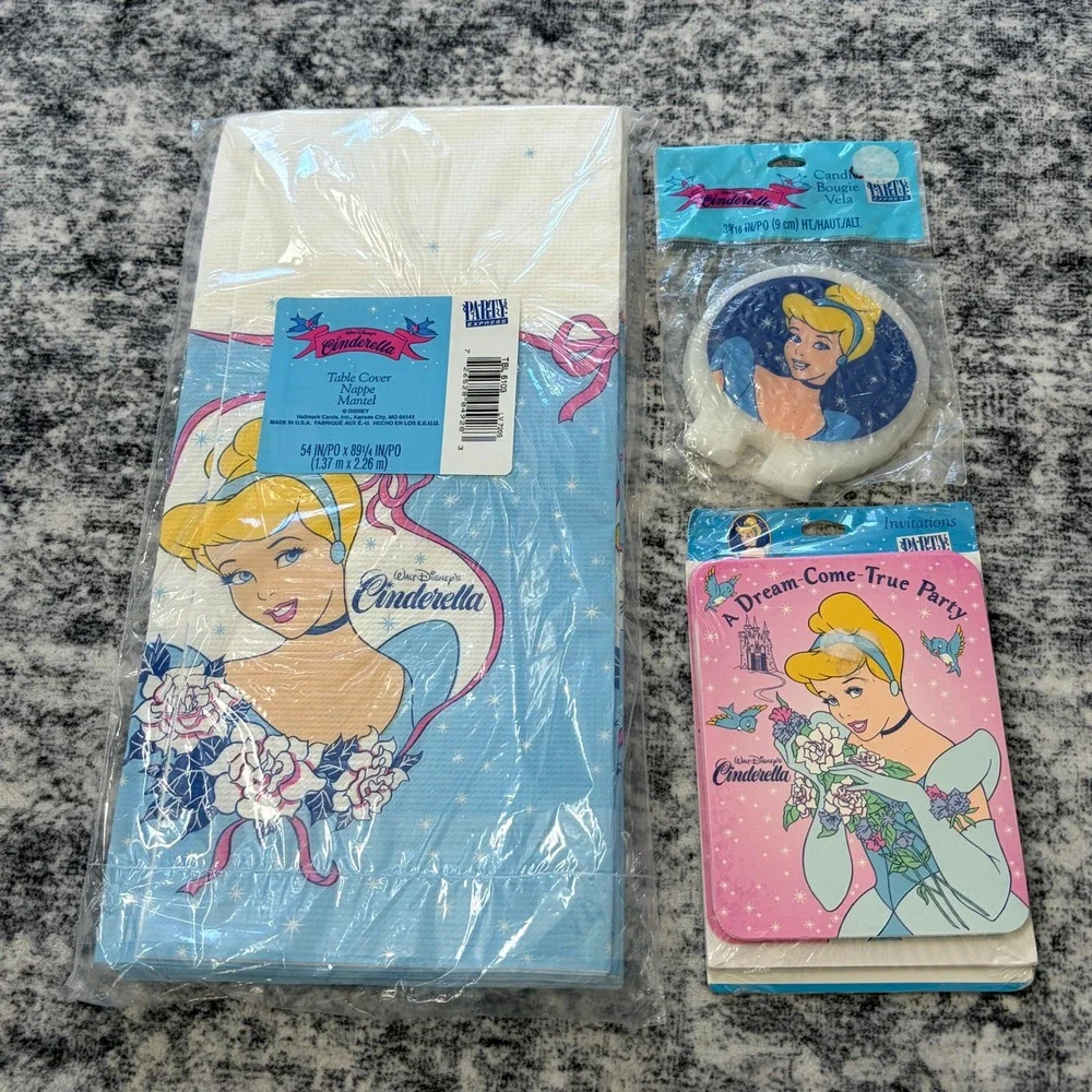 Disney Cinderella Vintage Party Supplies Lot Tablecloth Candle Invitations Blue